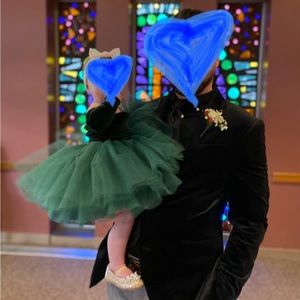 Green velvet tulle off the shoulder dress baby girl
